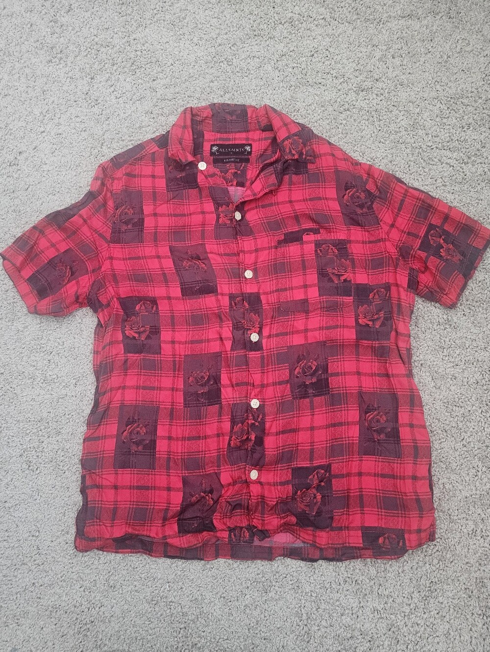 AllSaints Fritillaria SS Shirt Mens Small Red Black Rose Plaid Viscose MS074X